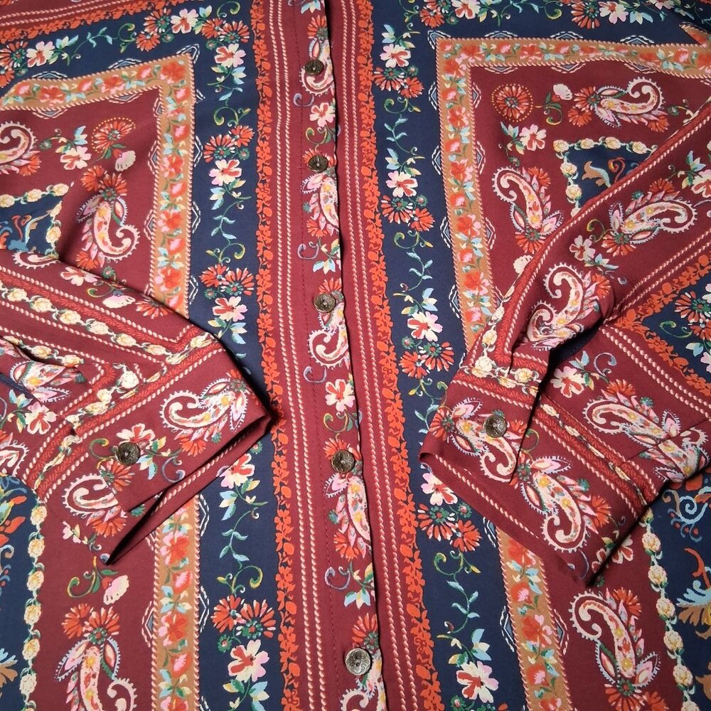 Dressbarn Blouse XL Maroon Blue Paisley Floral Tapestry Semi Sheer Long Sleeve - Picture 13 of 16